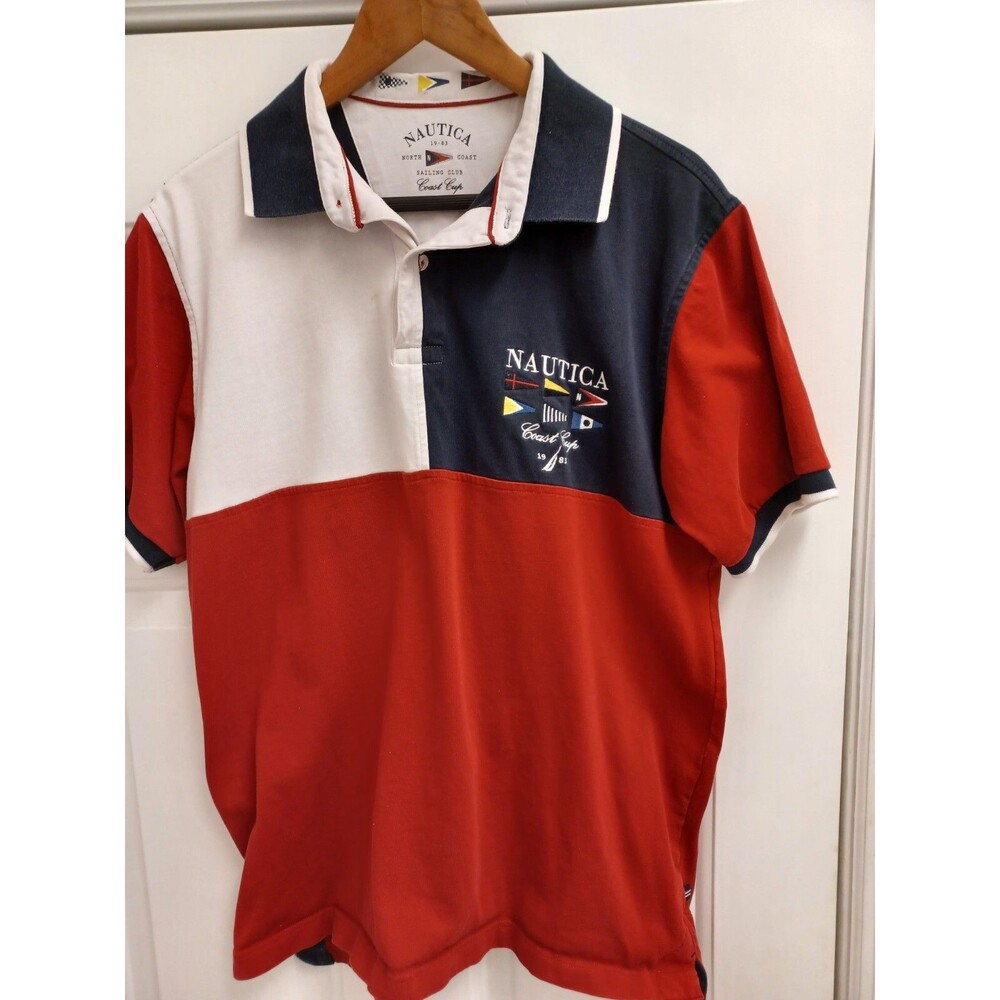 Vintage Nautica Sailing Club Polo Red & Blue Color Stitched On Back